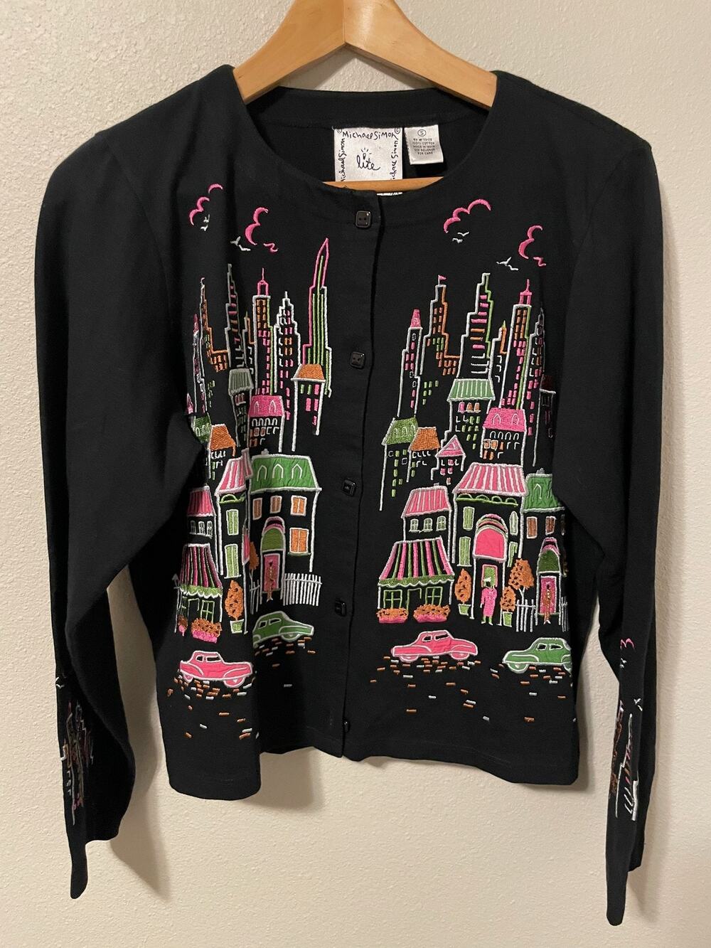 Michael Simon Cardigan Sweater Womens Small Black Cityscape Cars Embroidered Art